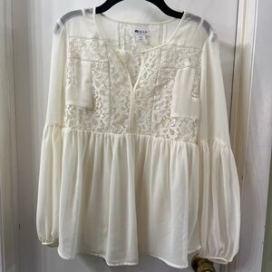 Stylus Long-Sleeve, V-neck Blouse with Lace Embellishment